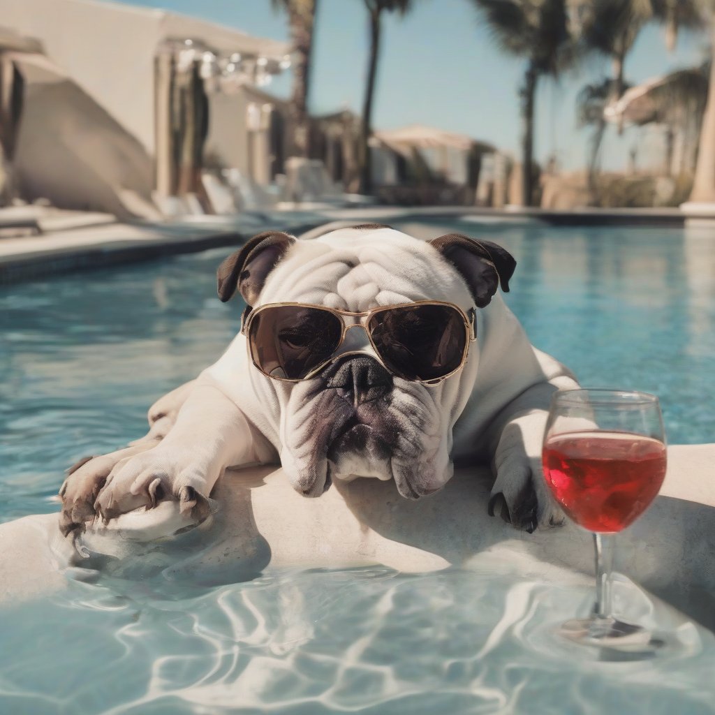 A rich bulldog wearing sunglasses while drinking wine next to a state of the art pool