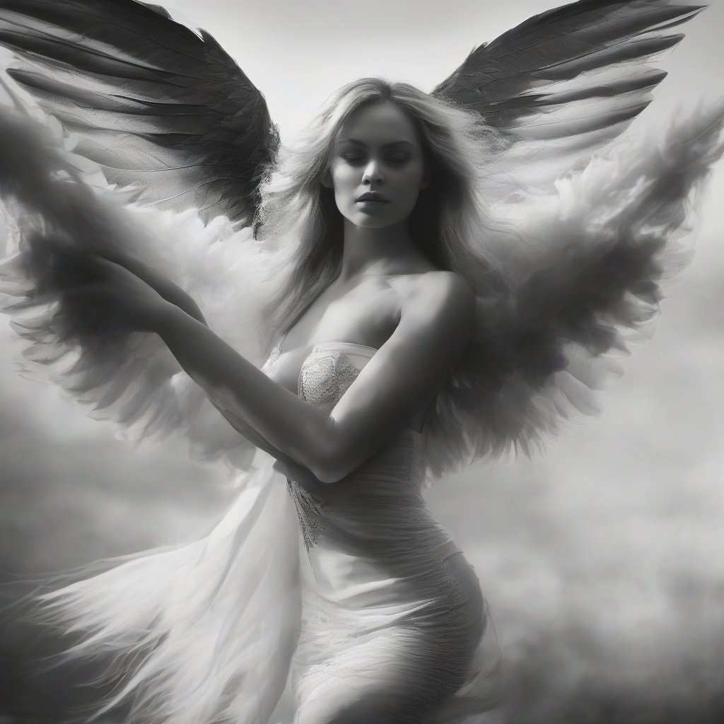 Photo-silhouette image of a beautiful female with wings, flowing blonde hair, striking blue eyes, ethereal beauty, elegant pose, graceful wingspan, long shot, detailed feathers, high contrast, black and white, dramatic lighting, fine art quality, high resolution, stunning silhouette, angelic, captivating gaze, artistic, professional photography