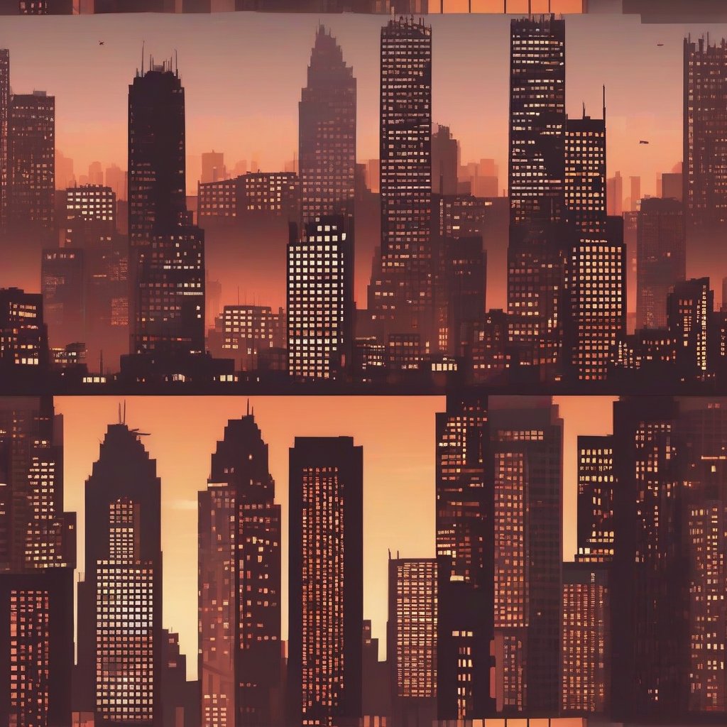 Multiple layers of silhouette buildings, with silhouette of New York City, sharp edges, at sunset, with heavy fog in air, vector style, horizon silhouette Landscape wallpaper by Alena Aenami, firewatch game style, vector style background