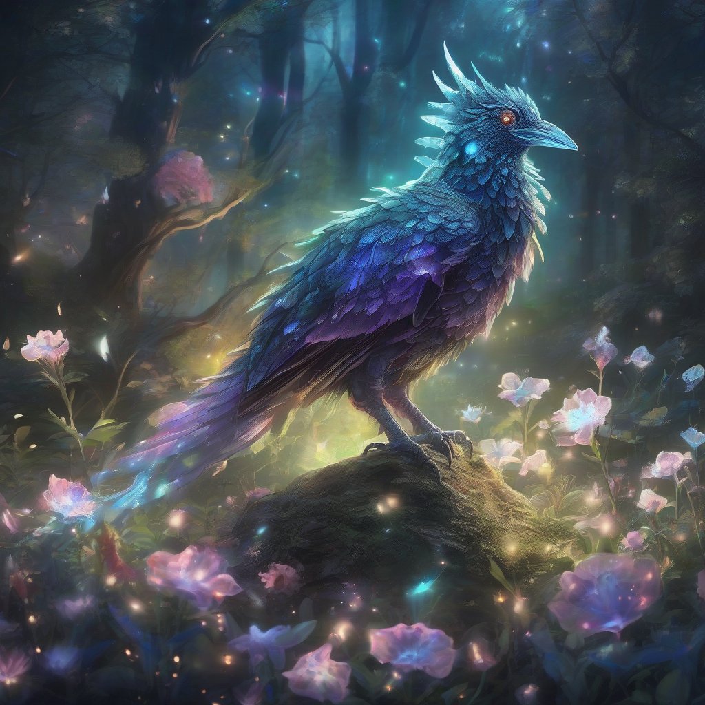 A fantasy translucent cockatrice that is glowing, in a forest clearing surrounded by flowers, beneath the stars, bioluminescent, highres, best quality, concept art