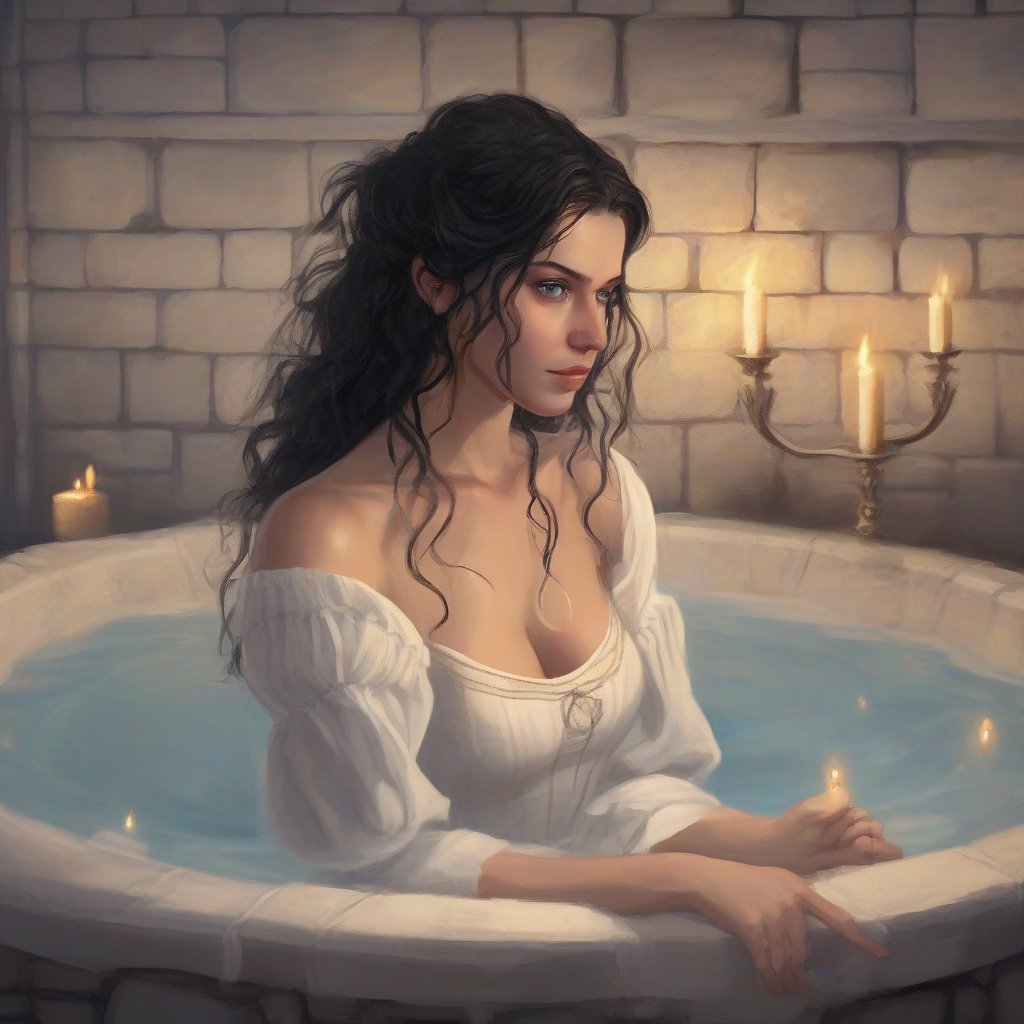 portrait of pale human woman with blue eyes and wavy black hair, medieval, game-rpg, wearing a revealing white dress, peasant sleeves,  soft warm lighting, medieval bath background with candles, medieval, middle ages, adult, atmosphere, juicy, wanting, inviting, room, plentiful, warm, need,  middle ages,  art by David Benzal, art by Travis Goldmann-Couch, art by artgem and ruan jia and greg rutkowski