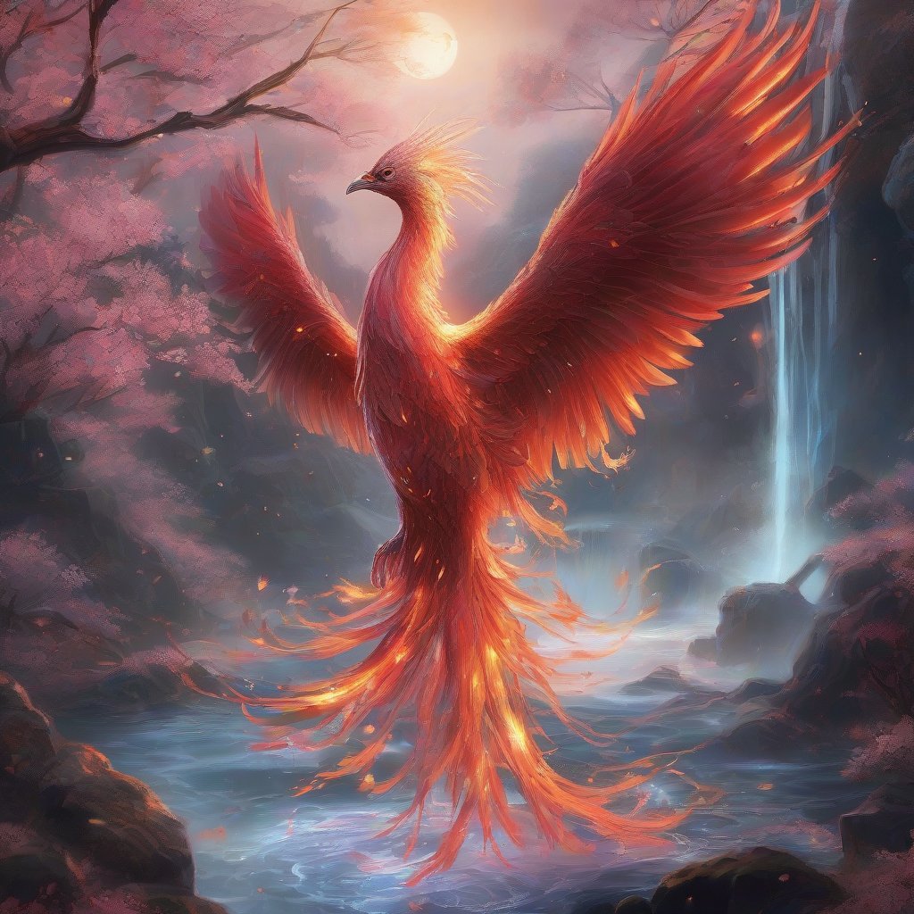 an elegant water phoenix that is glowing, next to a waterfall, glistening flowing flaming feathers, glowing red eyes, translucent, luminescent, illusion, raining, cherry blossoms, lava plumes, sunset, beneath the stars, bioluminescent, highres, best quality, concept art, digital art, 64k, highly detailed, vibrant, professional, UHD